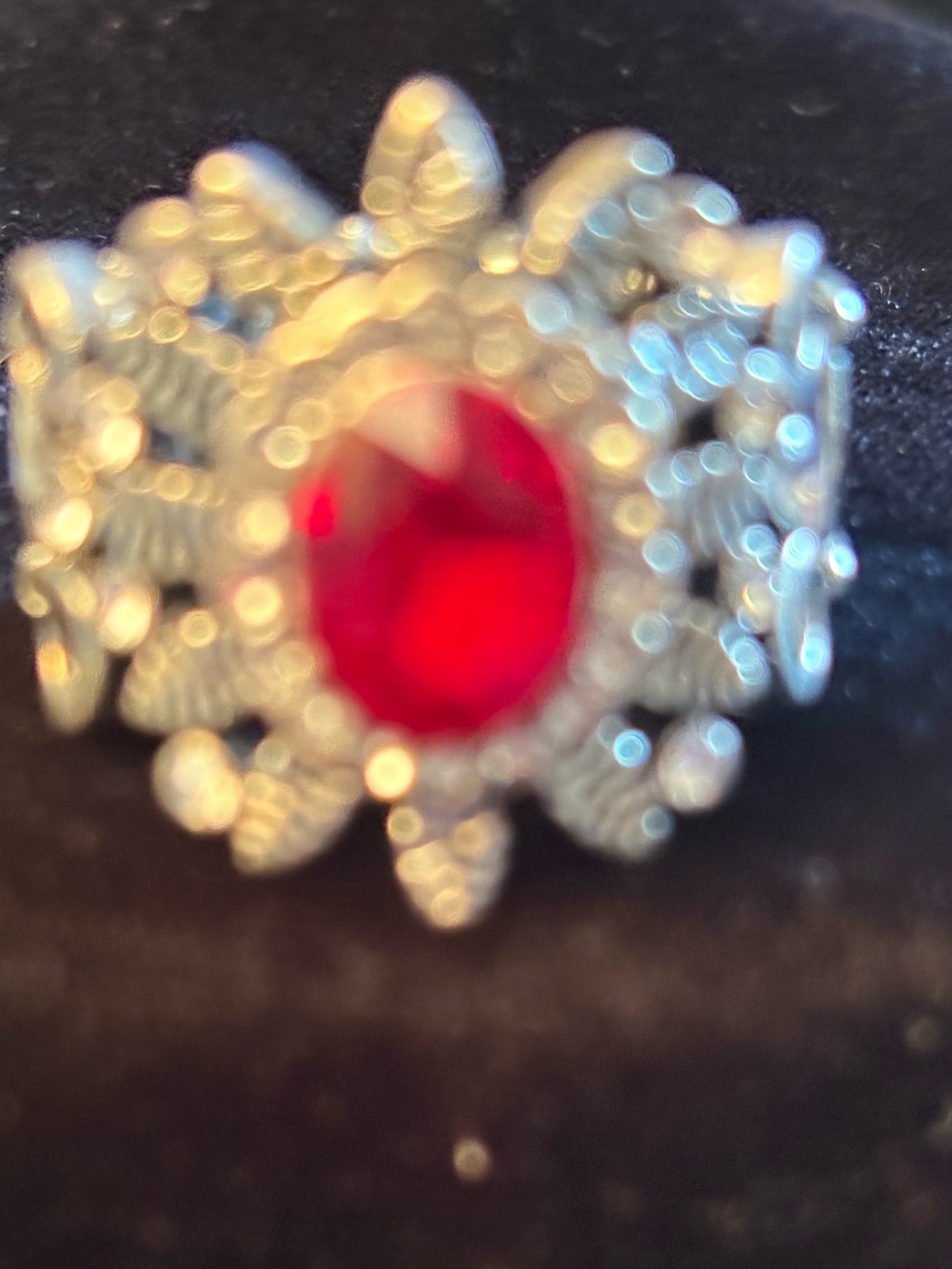 Silver Floral Statement Ring with Red Center Stone